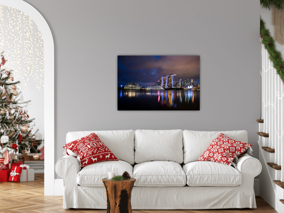 View of the Singapore waterfront image placed behind a couch.