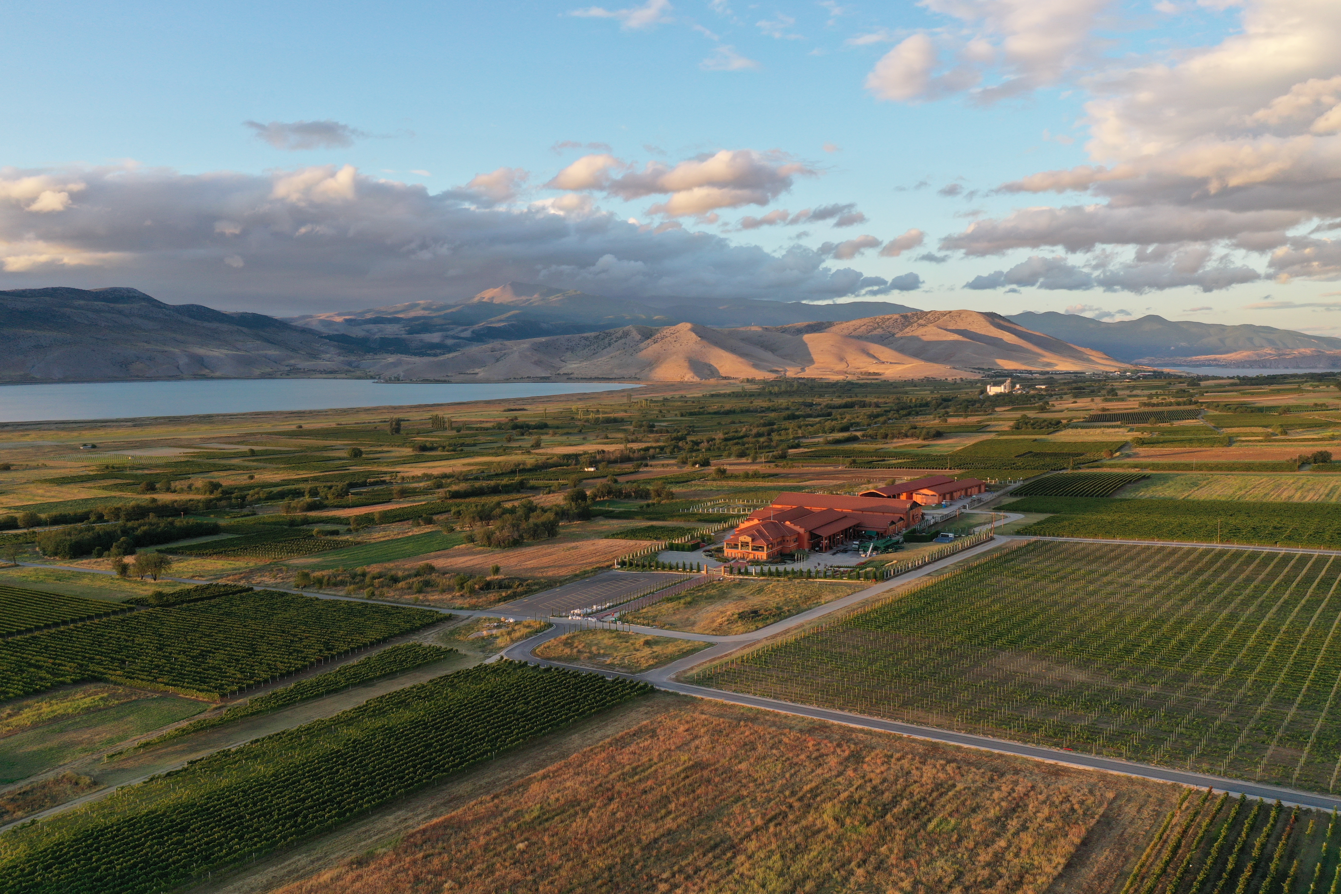 Aerial view of the Amyndeo plateau: the Alpha Estate winery among its vineyards, a lake and bare mountain ridges behind