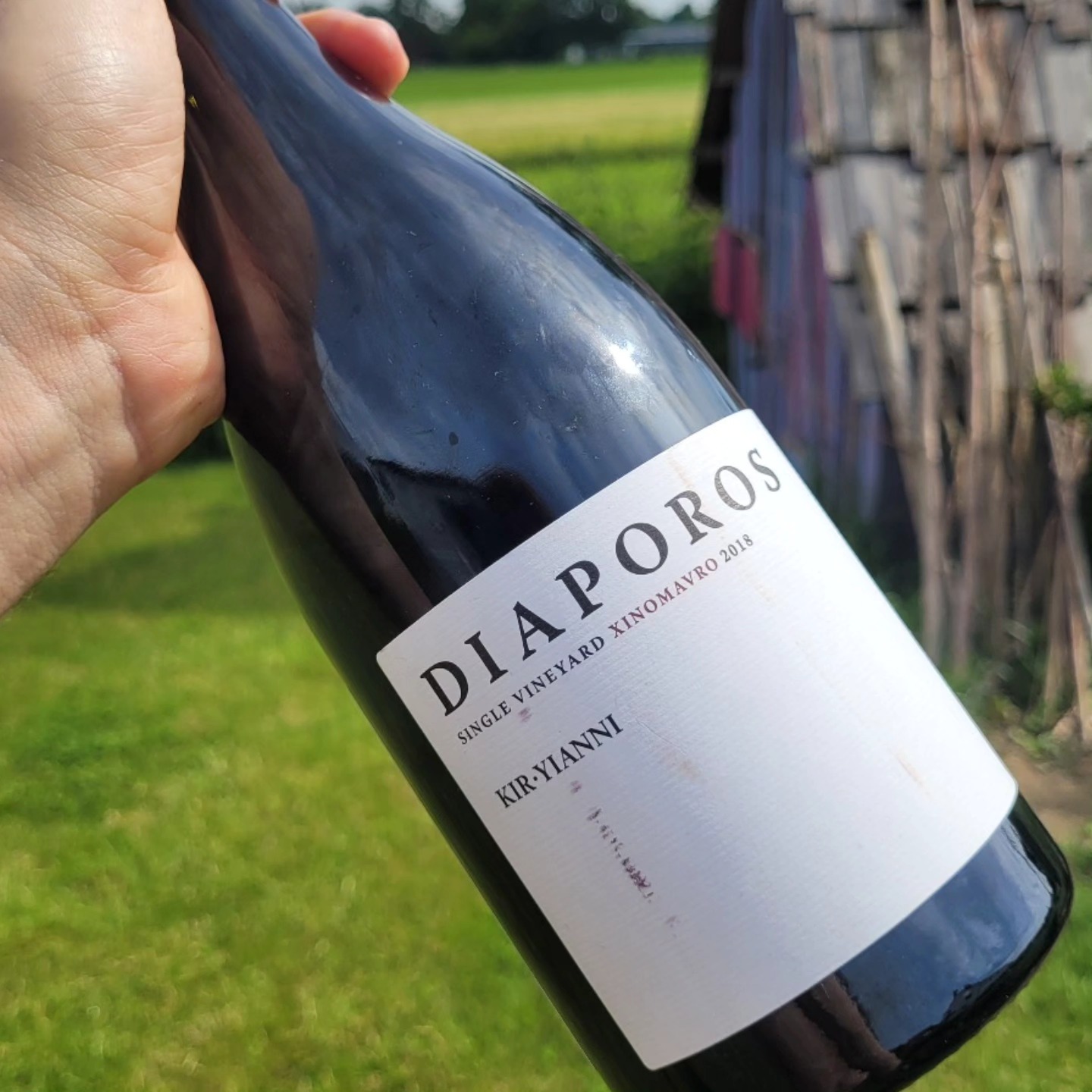 Bottle of Kir-Yianni Diaporos Single Vineyard Xinomavro 2018 in front of a meadow