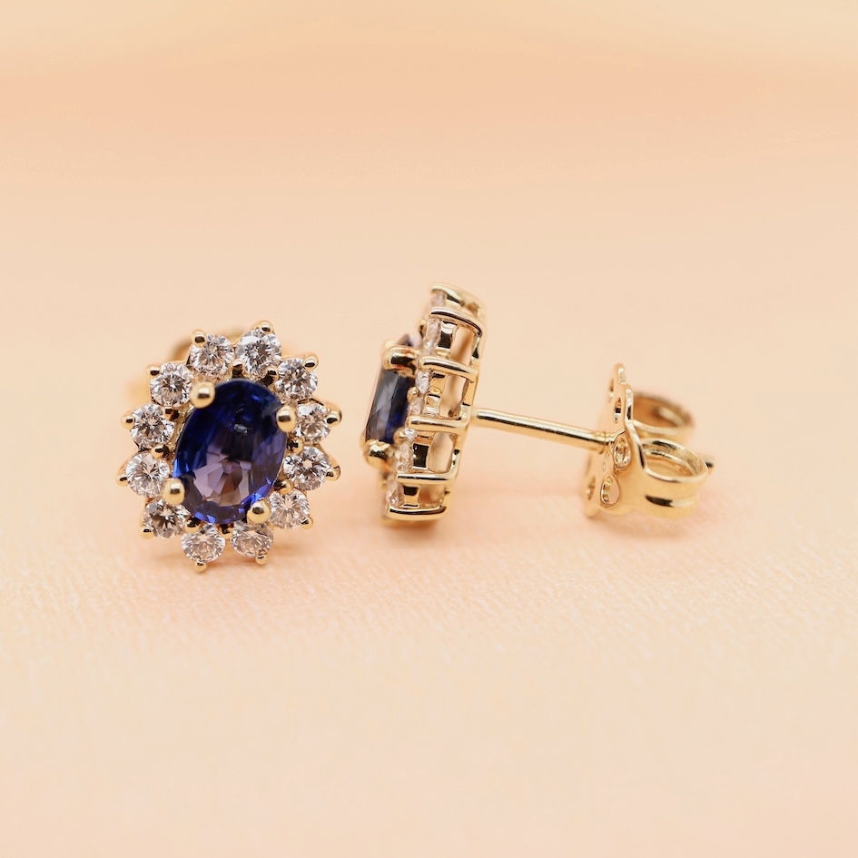 Thumbnail: Gemstone and diamond stud earrings in fine gold