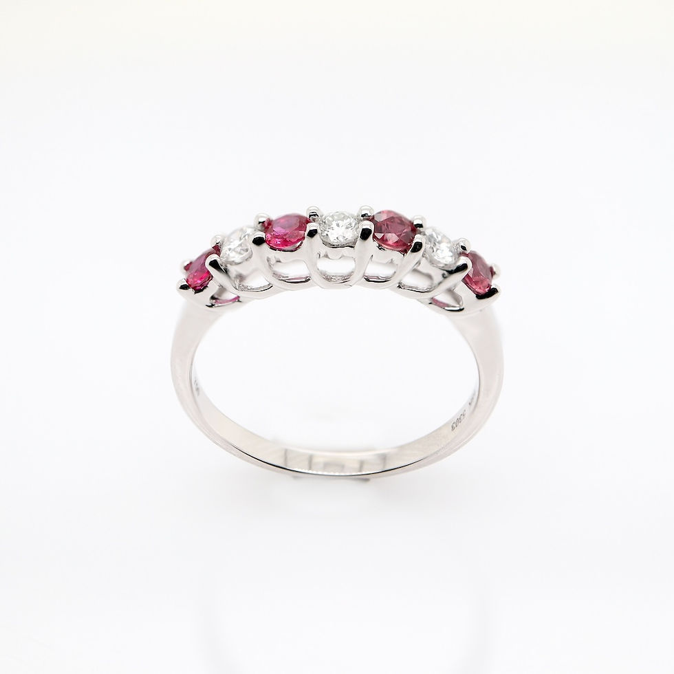 Thumbnail: Seven-stone anniversary band with alternating round gemstones and diamonds in fine gold.