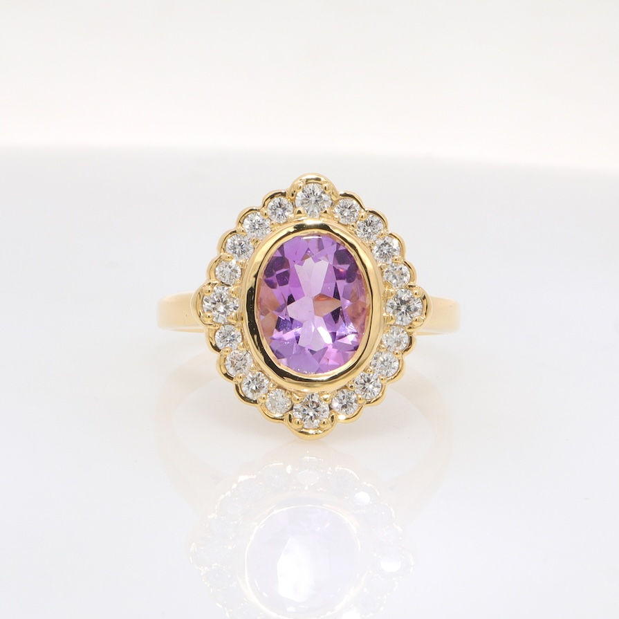 Thumbnail: Vintage scalloped halo diamond engagement ring setting for an oval stone in fine gold.