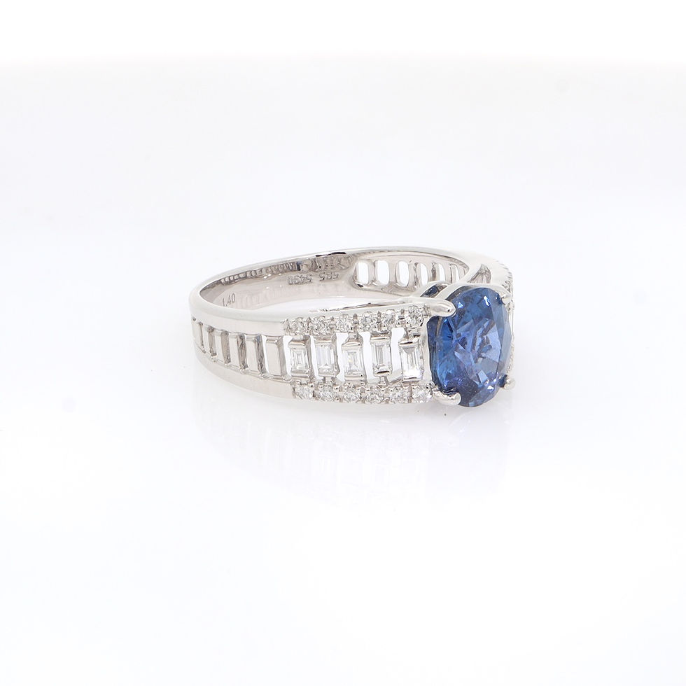 Thumbnail: Wide band engagement ring setting with channel-set baguette and pavé round diamonds in fine gold.