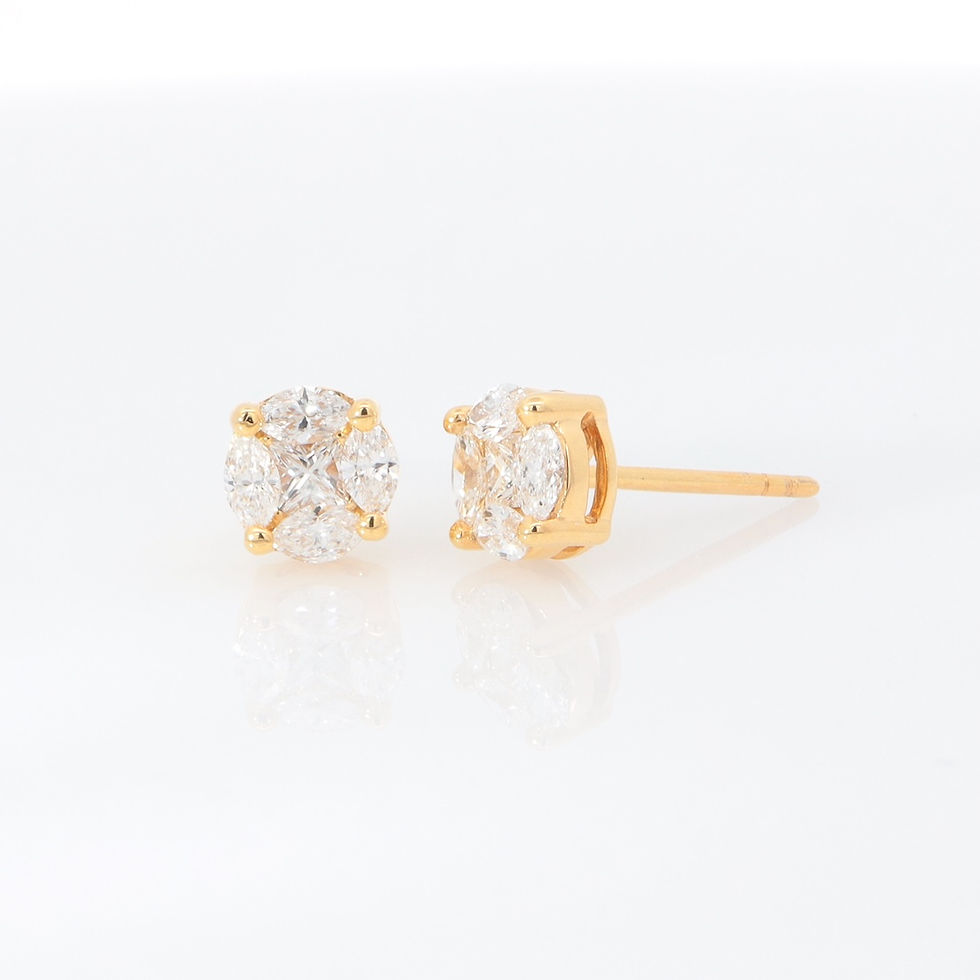 Thumbnail: Marquise and princess cut diamond cluster stud earrings in fine gold by SVS Jewelry