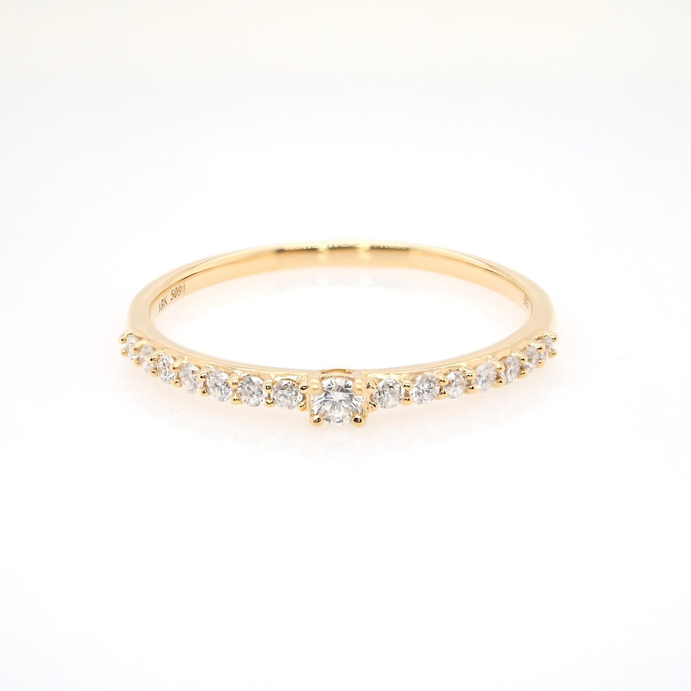 Thumbnail: Dainty pavé diamond wedding ring with a center stone accent in fine gold.