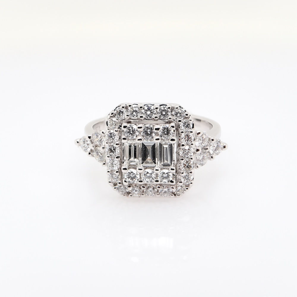 Art Deco statement diamond ring with an illusion cluster, double halo, and pavé cluster accents.
