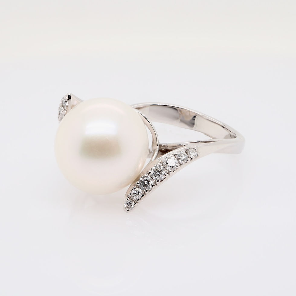 Thumbnail: Sculptural fine gold pearl ring with diamond accents handcrafted by SVS Jewelry