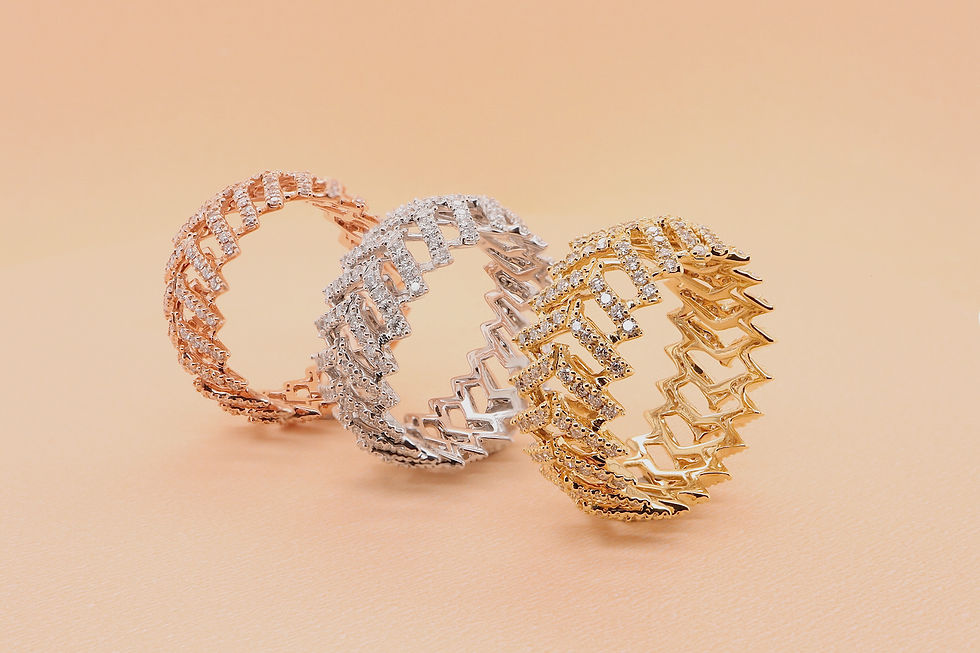 Zig-zag pavé diamond ring eternity band shown in three gold tones.