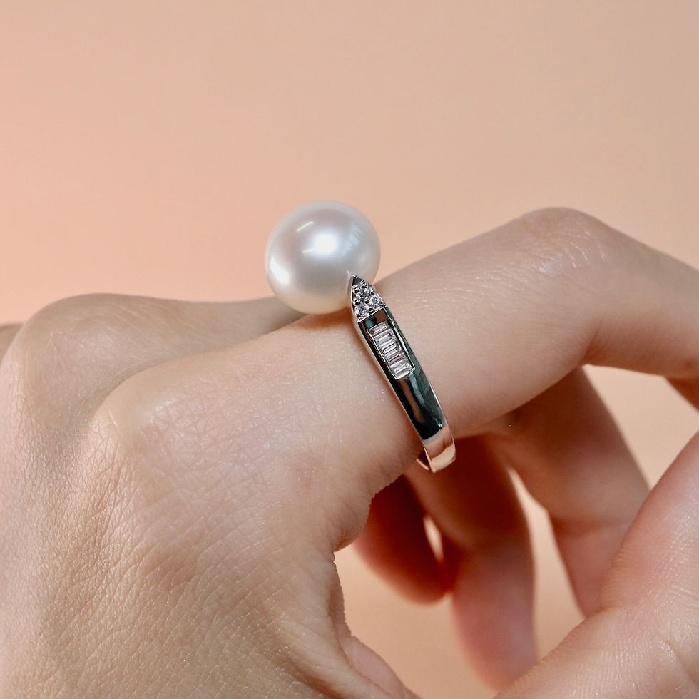 Thumbnail: Gold pearl diamond ring with white pearl and baguette diamonds wholesale fine jewelry