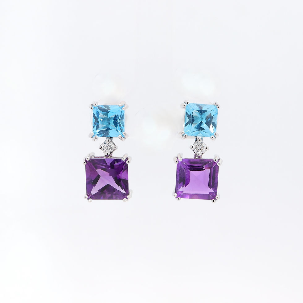 Thumbnail: Dual square gemstone drop earrings with diamond connector in fine gold