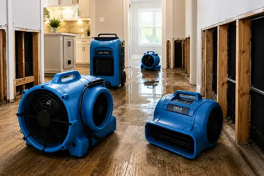 Water damage restoration equipment drying a home in Lewisville TX after water damage