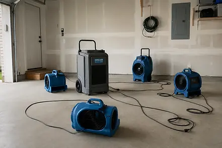 Professional drying equipment and dehumidifiers set up in a Frisco TX garage during water damage restoration