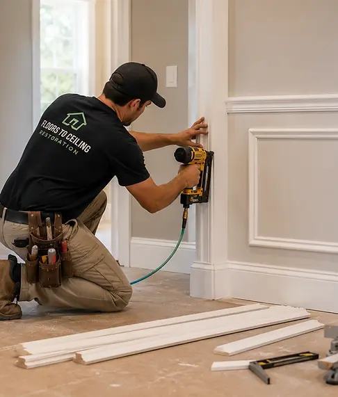 Finish carpentry and trim installation during residential reconstruction after water damage
