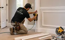 Contractor installing interior trim and finish carpentry in a reconstructed home