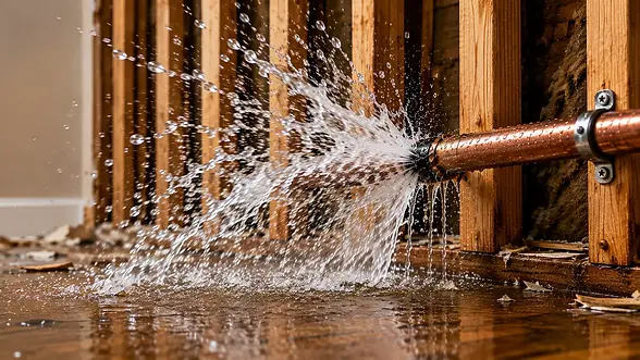 Burst pipe water damage inside a home requiring professional restoration