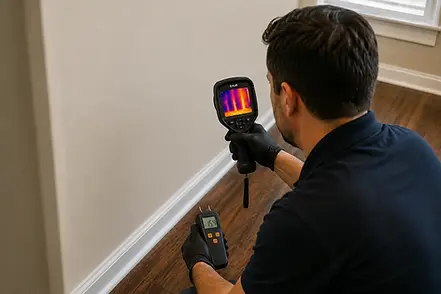 Technician using thermal imaging camera and moisture meter to inspect hidden moisture behind a wall after water damage in Frisco TX