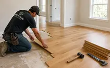 Contractor installing hardwood flooring during residential reconstruction project