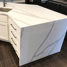 Flower Mound, TX veined quartz waterfall countertop kitchen remodel