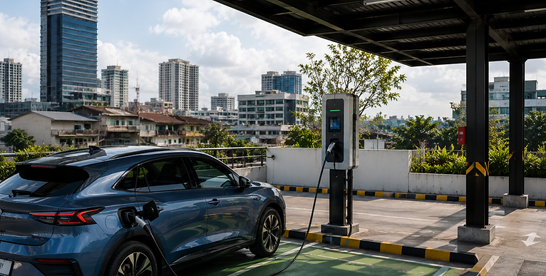 Electric car charging with city skyline