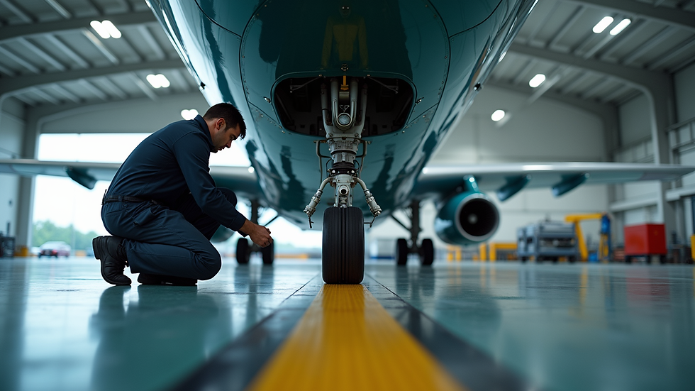 Eye-level view of an aircraft maintenance technician inspecting landing gear components