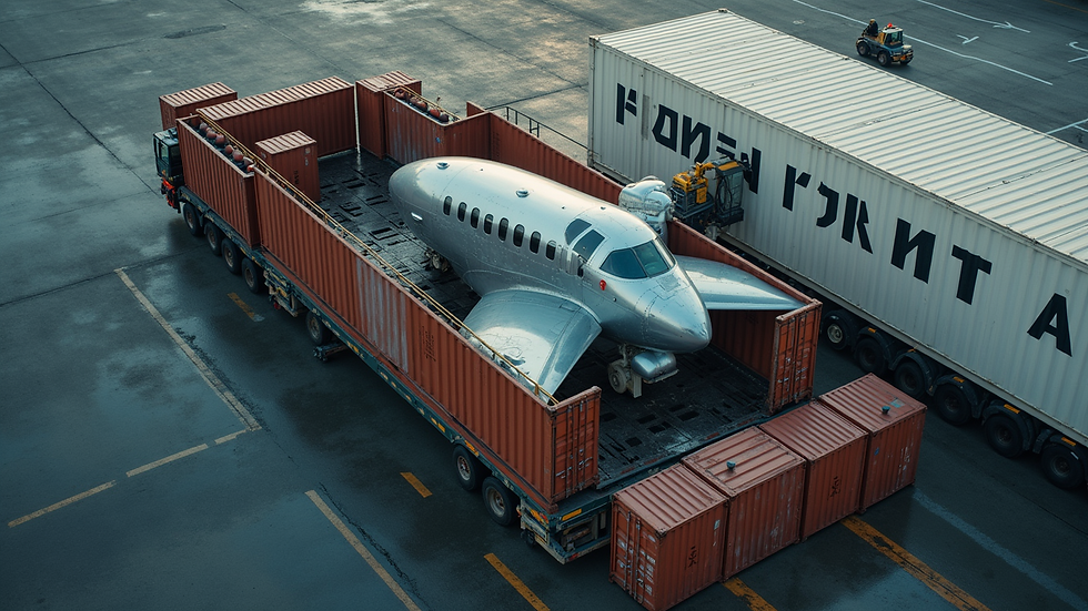 High angle view of aircraft parts being loaded into cargo container
