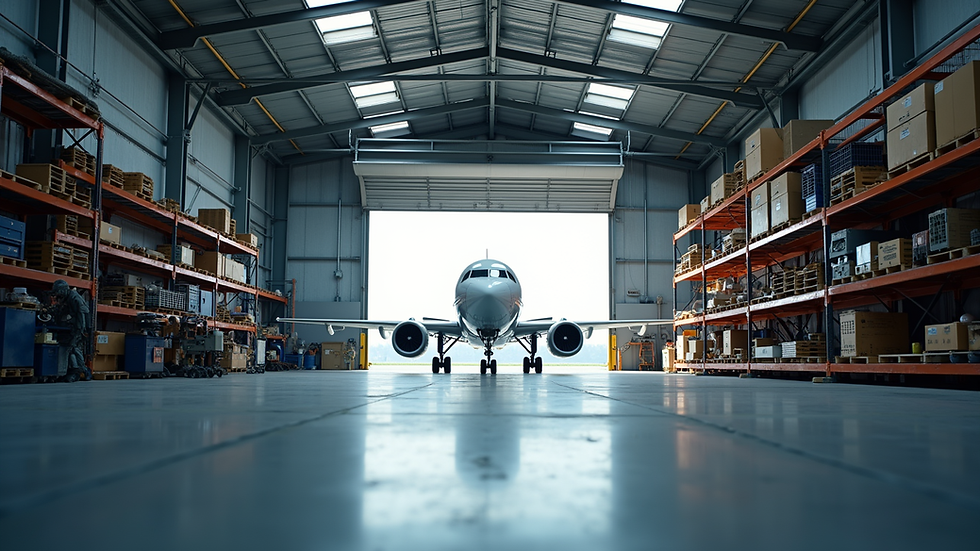 Eye-level view of aircraft maintenance hangar with organized parts storage