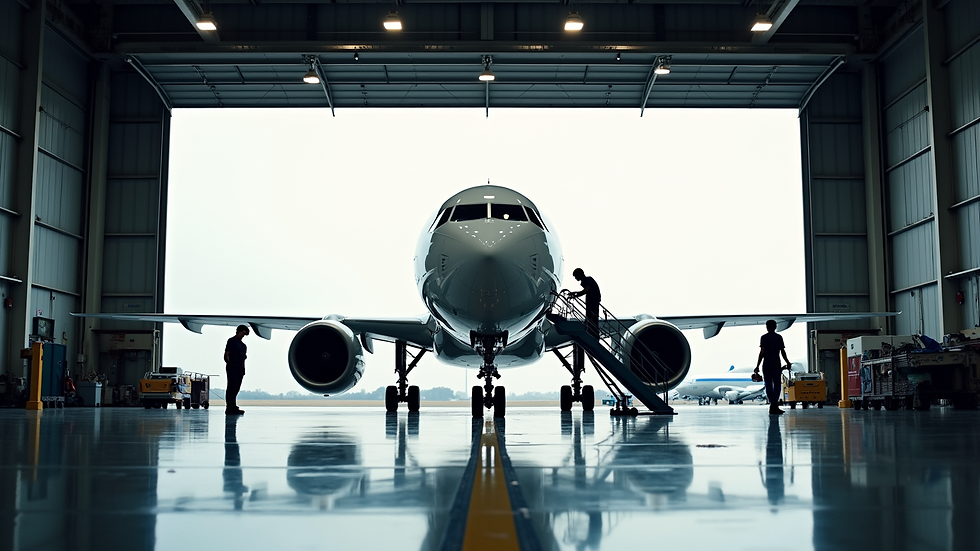 Eye-level view of aircraft maintenance hangar with technicians working on a plane