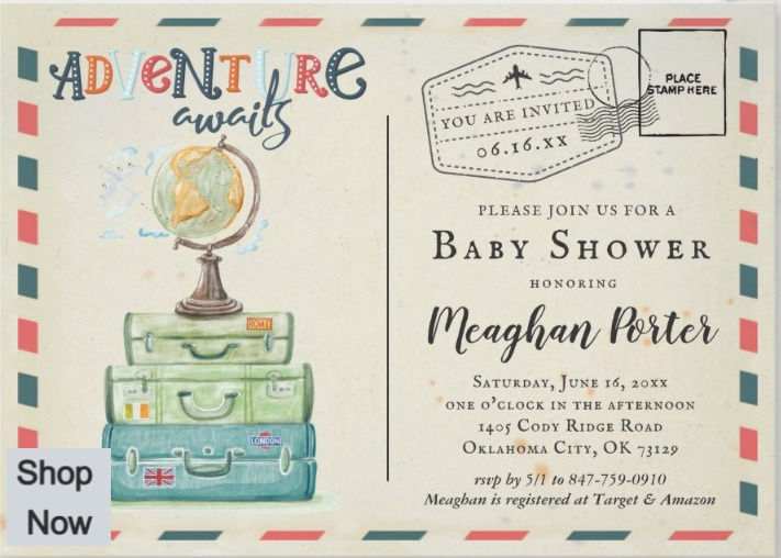 Adventure awaits baby shower invitation, with a globe, suitcases and vintage postcard stamp