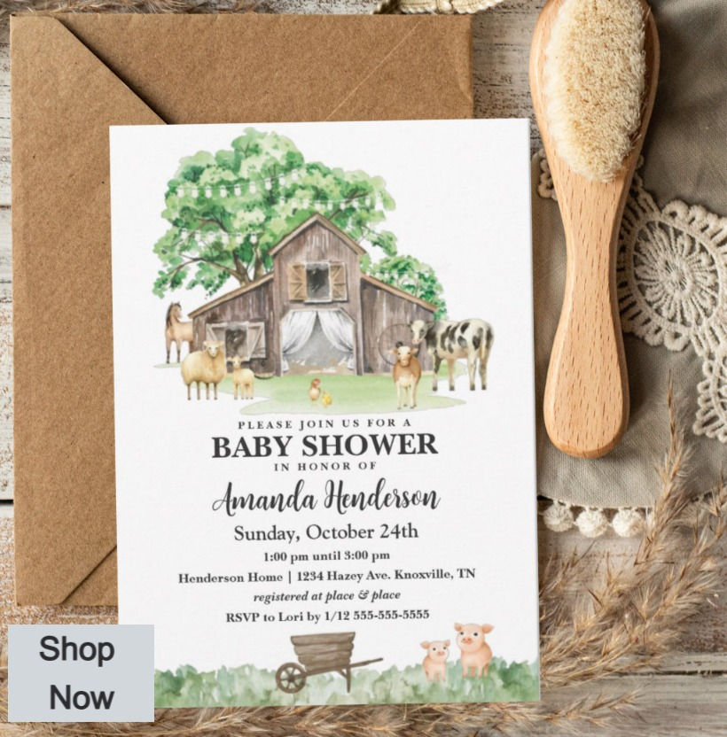 Farm scene with barn and barnyard animals surrounding it baby shower invitation