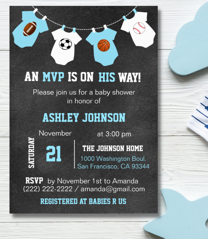 sports themed baby shower invitation in black white and baby blue