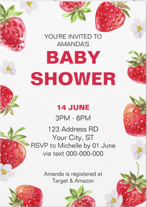 Baby showerinvitation with big strawberries and white flowers on the border