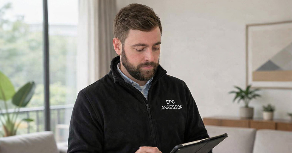Photo of an EPC assessor from AssessPlus working indoors.