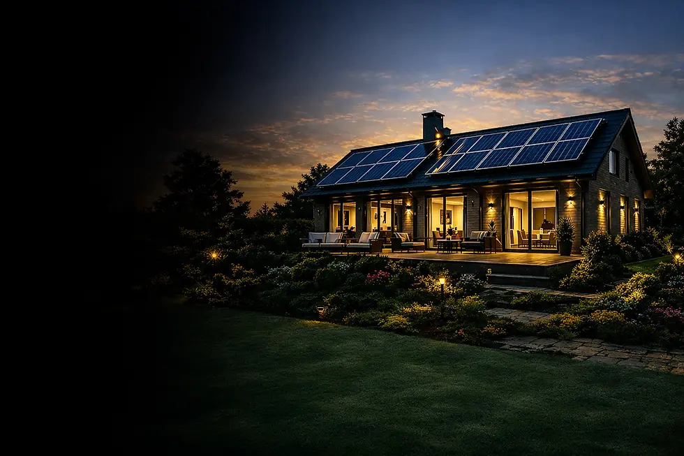 Chelmsford EPC assessor imagery showing an energy‑efficient home with solar panels at sunset.