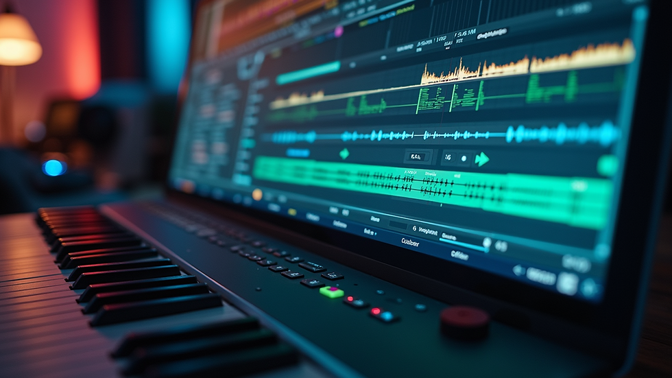 Eye-level view of a digital audio workstation screen showing layered music tracks
