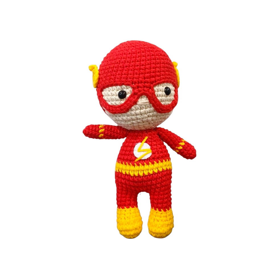 Handmade Flash-inspired crochet doll front view in red and yellow suit with lightning symbol