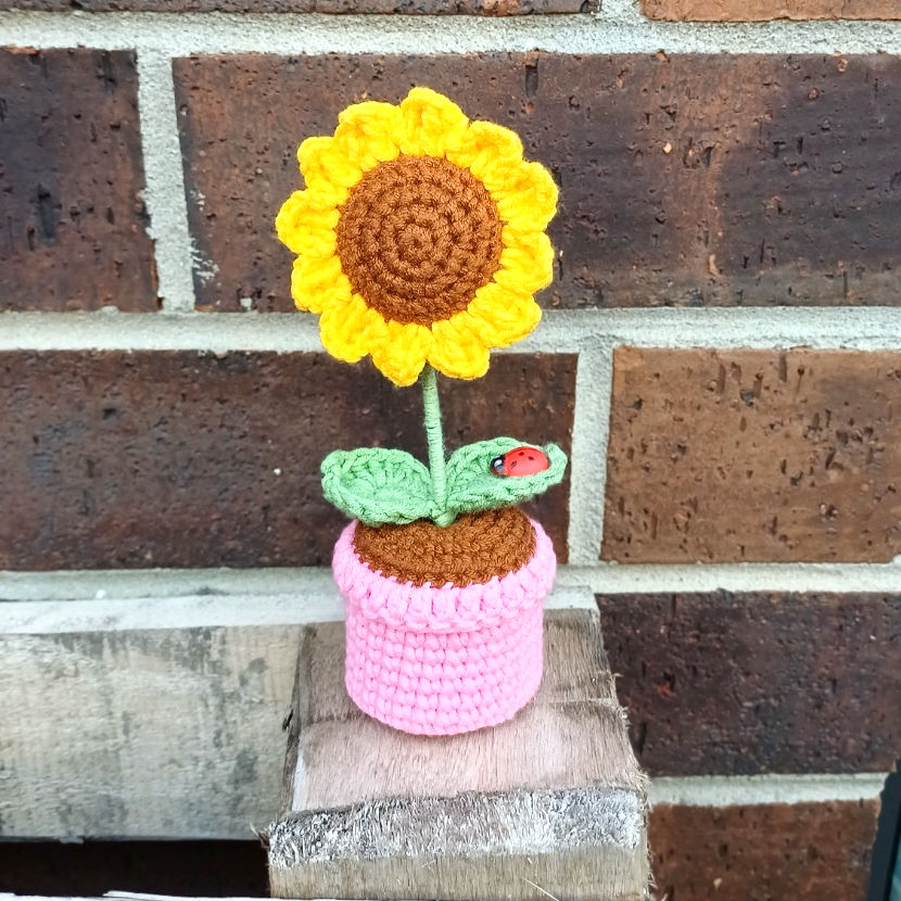 Thumbnail: Handmade crochet sunflower with ladybug forever flower desk decor