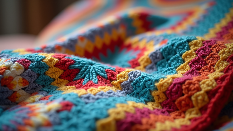 Close-up view of colourful crochet blanket with intricate patterns