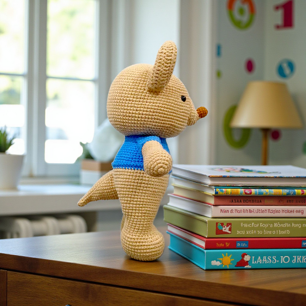 Thumbnail: Roo side view handmade plush wearing a blue shirt