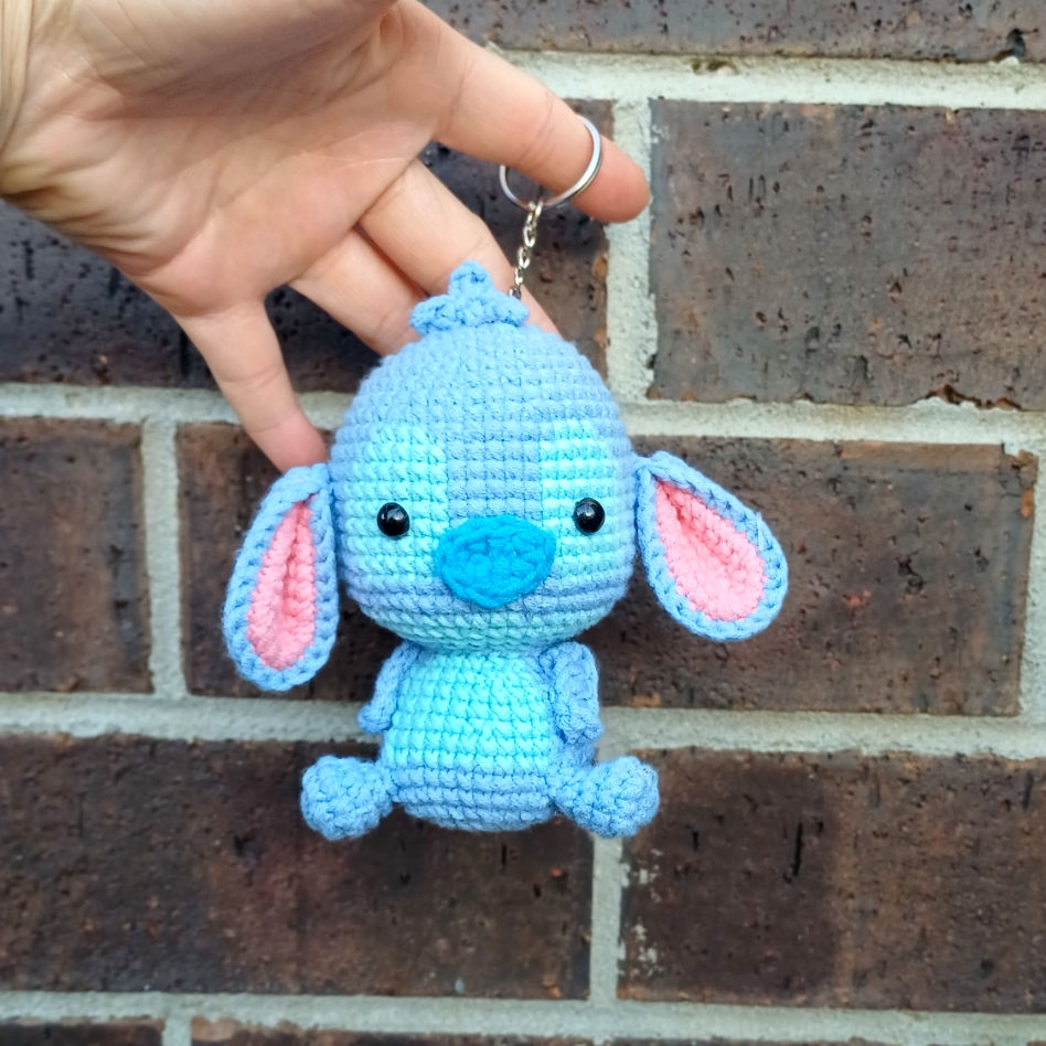 Handmade blue crochet alien character keychain amigurumi plush with big ears 15 cm tall