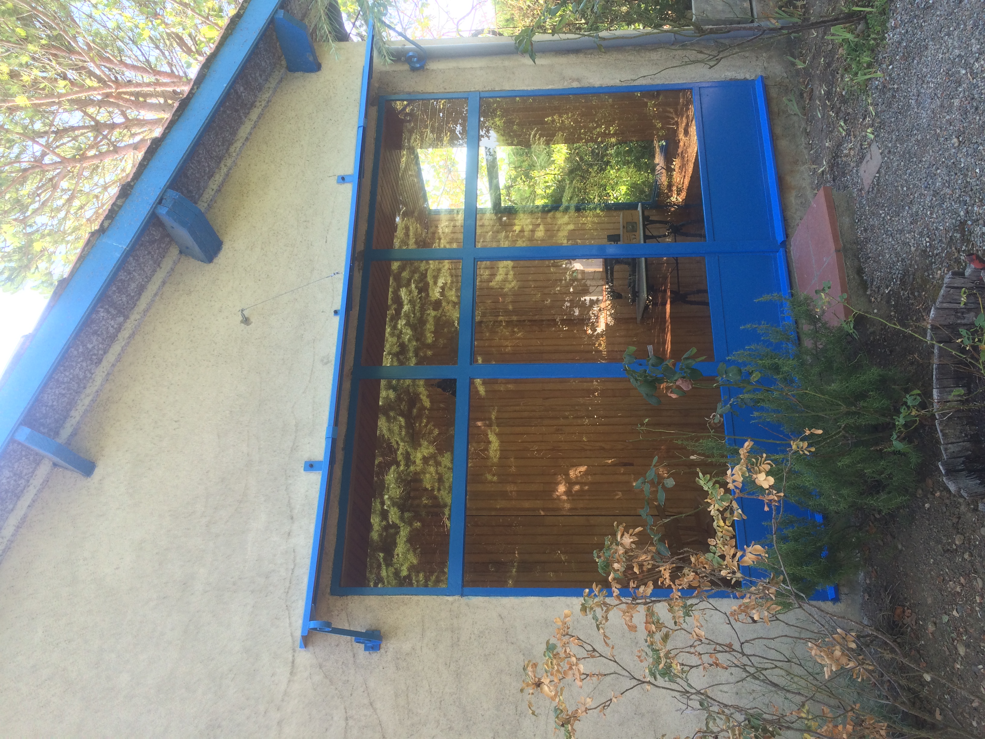 Façade d'un bâtiment avec une verrière bleue ; arbres environnants, lumière du soleil.