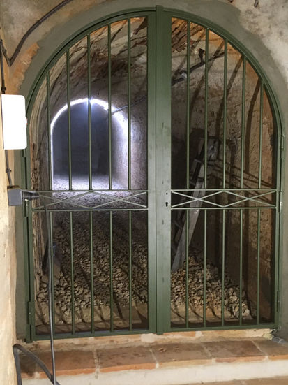 Porte grillagée verte avec une entrée de tunnel éclairée, architecture ancienne.