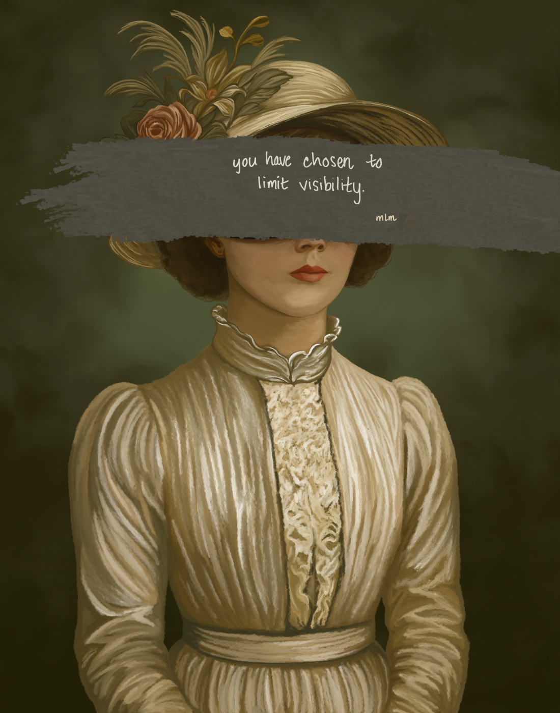 Surreal vintage style portrait of a woman in muted green tones with a dark horizontal veil painted across her eyes containing the phrase “You Have Chosen to Limit Visibility.” The artwork explores emotional concealment, selective perception, vulnerability, and the tension between visibility and self protection.