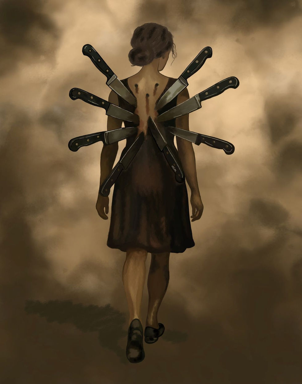 Surreal painting of a woman walking forward with knives in her back, symbolic artwork from the Glass and Ghosts collection about betrayal, survival, and resilience.