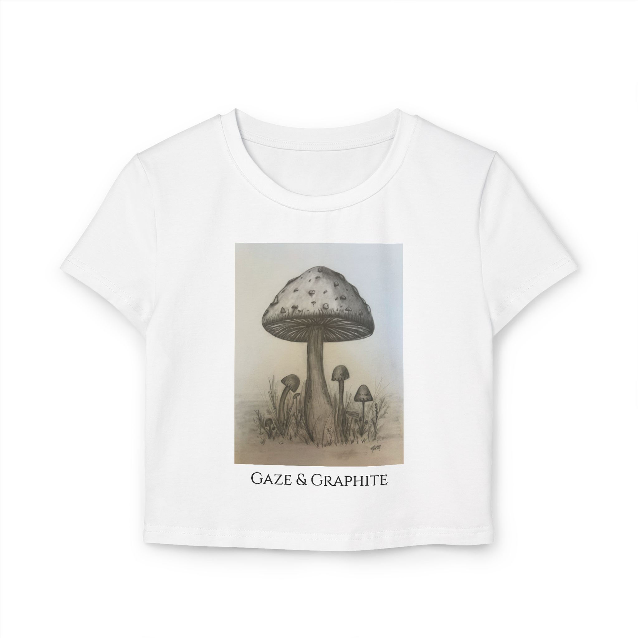 "Spore & Shadow" Women's Crop Tee - Hand-Drawn Whimsical Fungi Mushroom Art