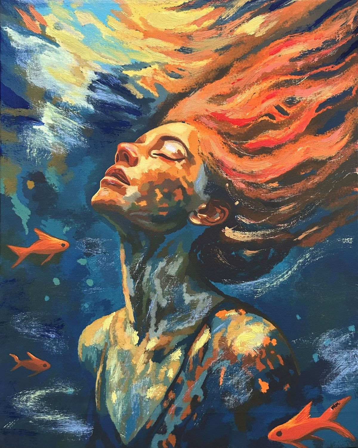Surreal underwater portrait of a woman with flowing orange hair surrounded by goldfish, symbolizing emotional depth, resilience, surrender, and rising by Gaze and Graphite