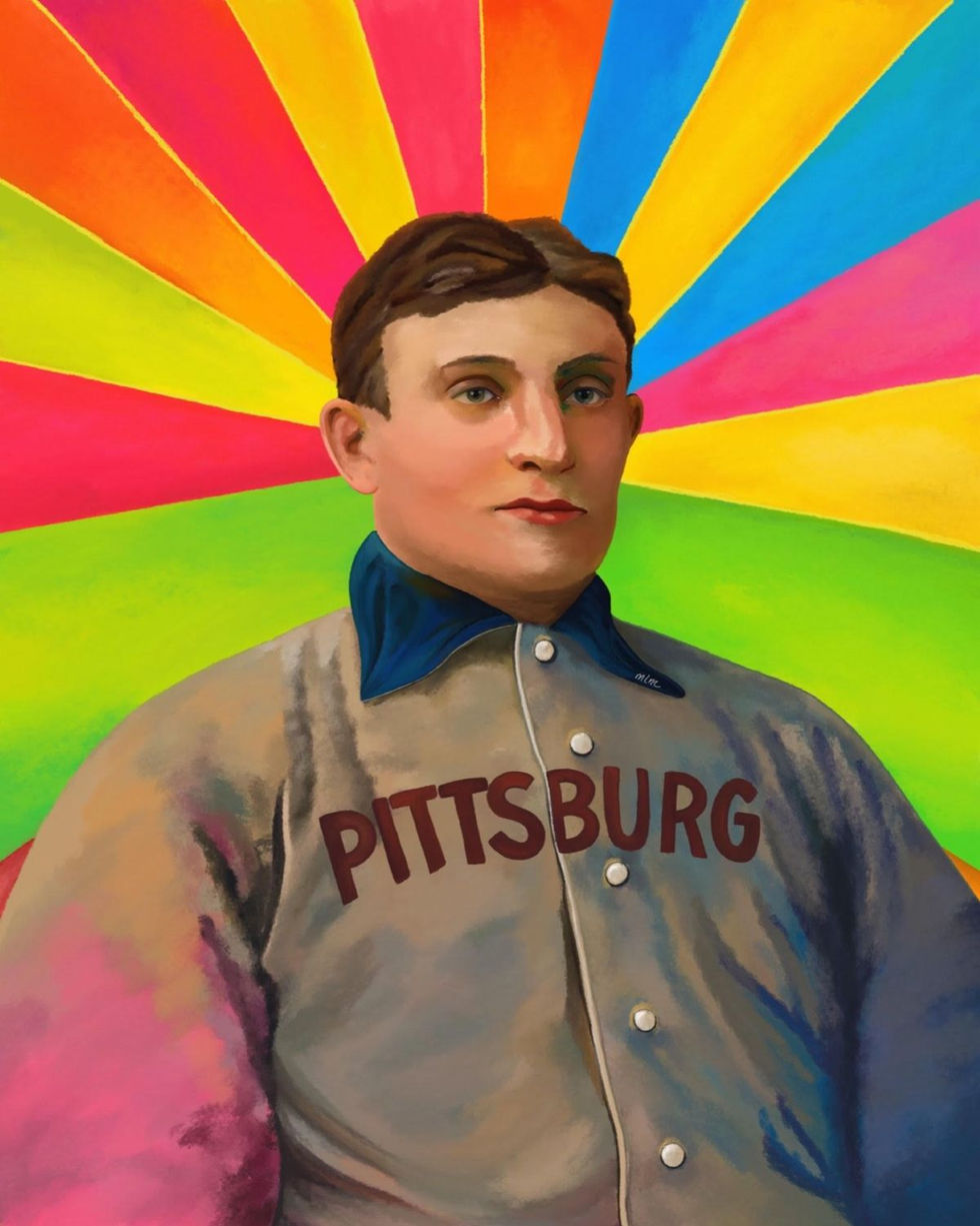 Colorful vintage Pittsburgh baseball portrait with rainbow background, celebrating local sports history, nostalgia, and Pittsburgh legacy by Gaze and Graphite