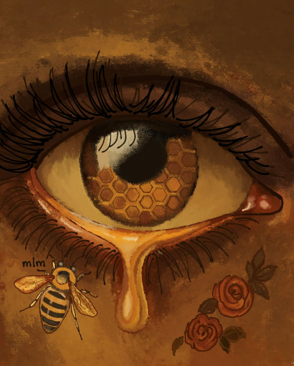 Surreal artwork of a human eye with a honeycomb iris, honey dripping like a tear, and a hovering honeybee with small blooming roses; symbolic nature-themed portrait by Gaze and Graphite from The Nature of Sight collection.