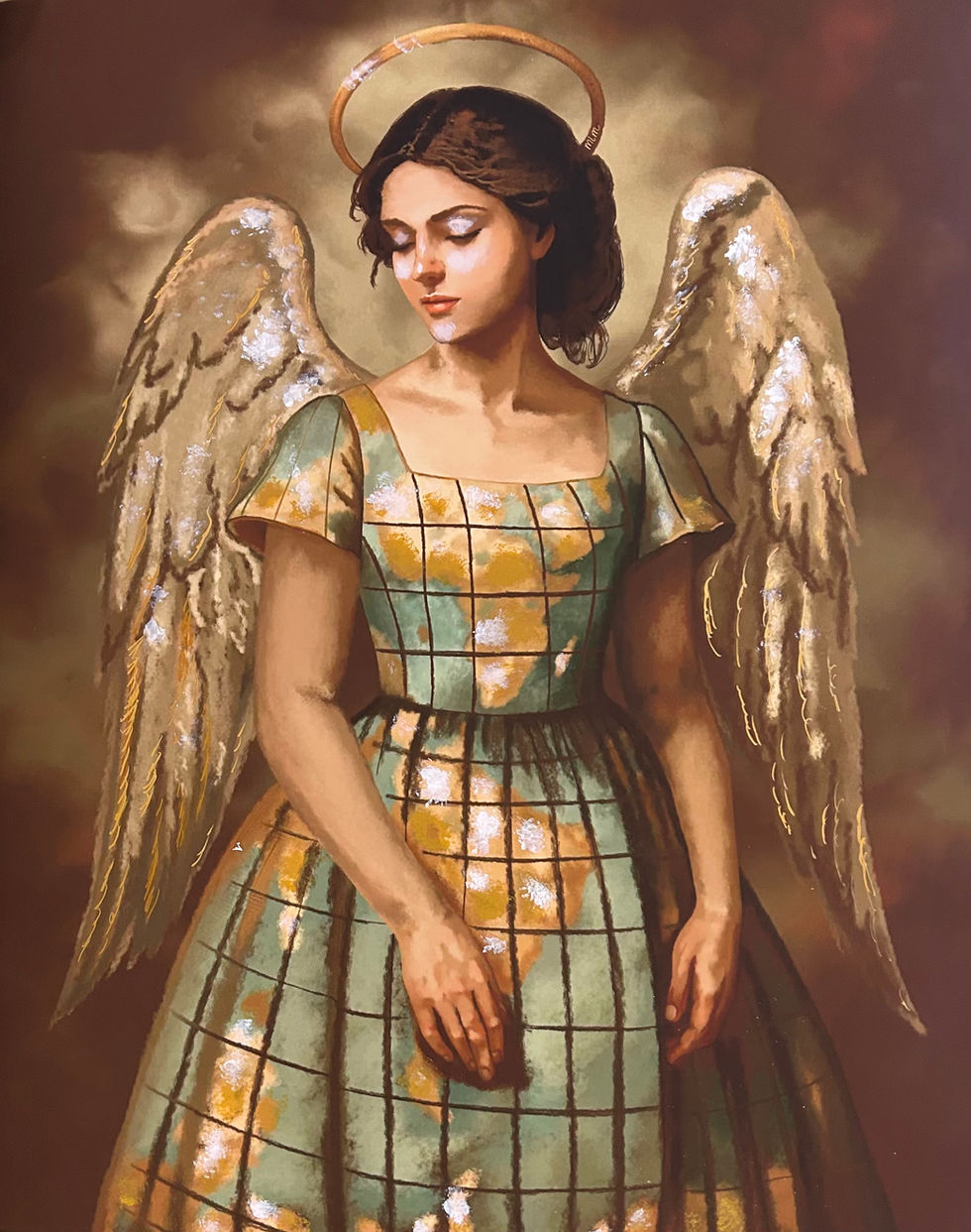 Angelic female figure with softly illuminated wings and a patterned teal and gold dress, looking downward in quiet reflection, accented with shimmering hand embellished acrylic details. Mixed media artwork by Gaze and Graphite from The Veil Series.