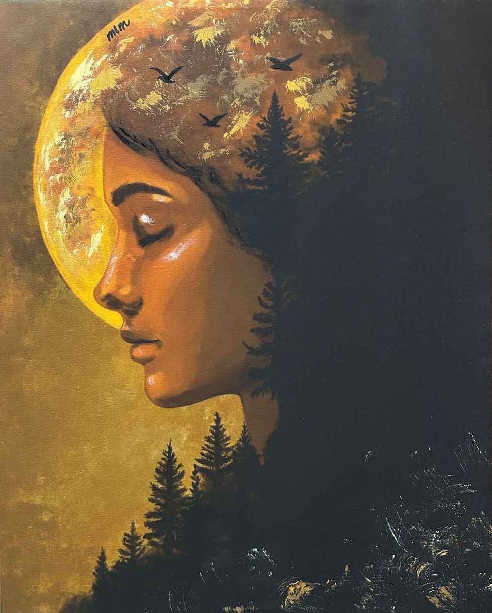 Surreal portrait of a peaceful woman in profile with a glowing moon, dark evergreen forest, and birds, symbolizing stillness, intuition, and inner reflection by Gaze and Graphite
