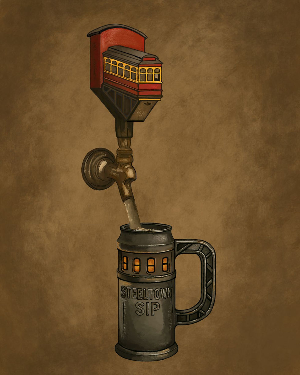 Illustration of a Pittsburgh incline car repurposed as a tap handle, pouring coffee or beer into a steel mug labeled “Steeltown Sip.” Warm, industrial tones evoke the city’s brew culture and steel heritage.